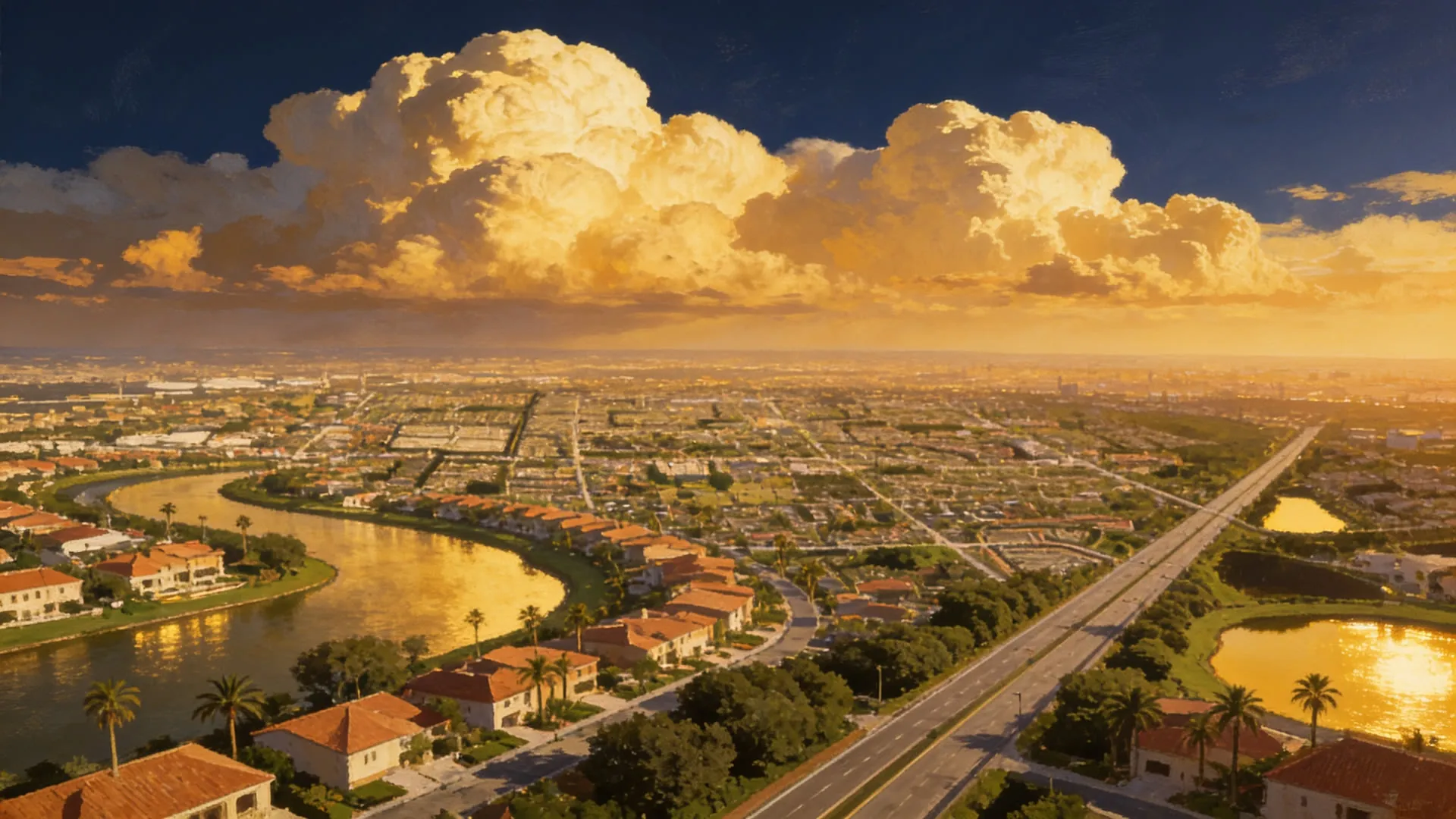 Aerial view of North Lauderdale at sunset